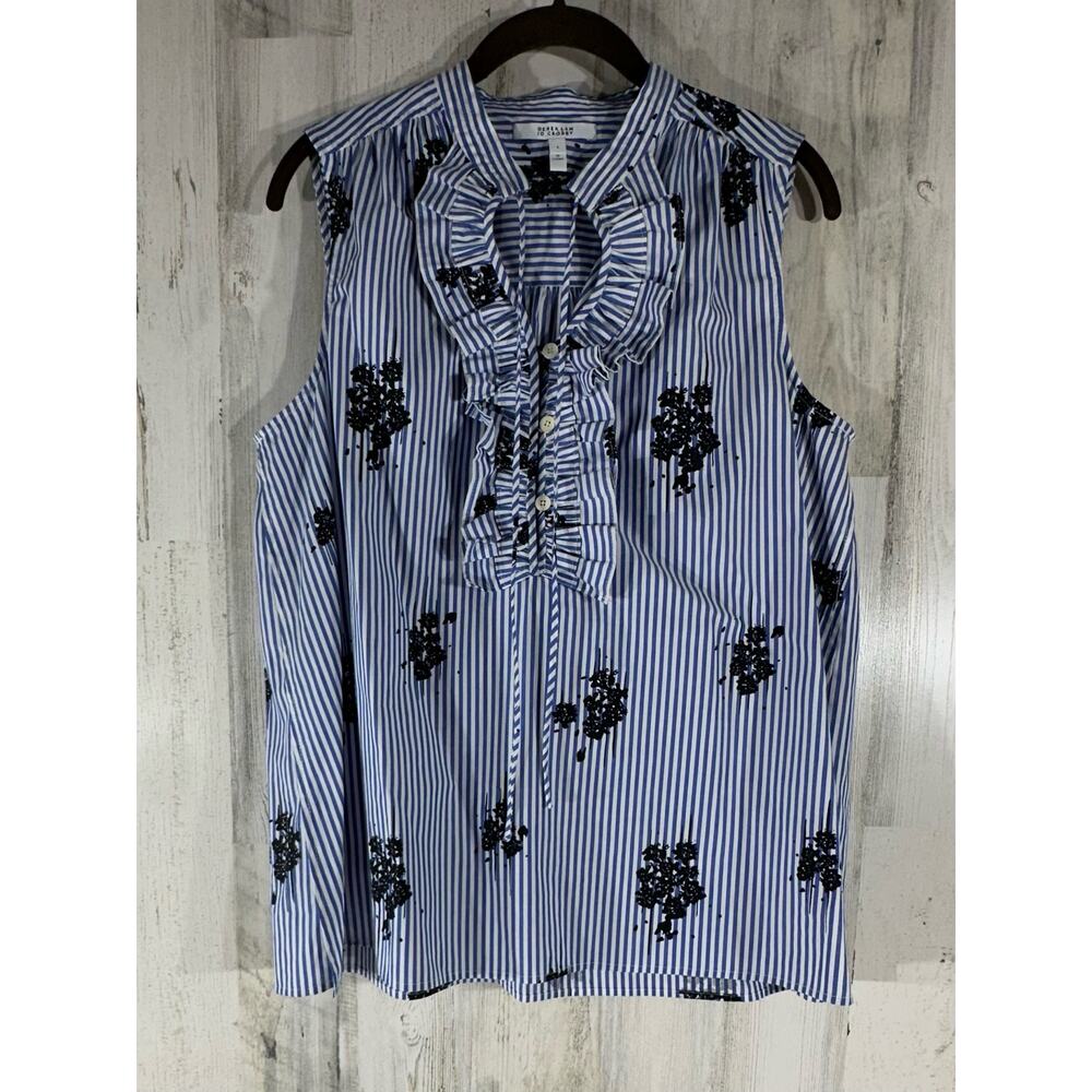 Derek Lam IO Crosby Blouse Size 6 Blue Striped Floral Striped Ruffles Sleeveless
